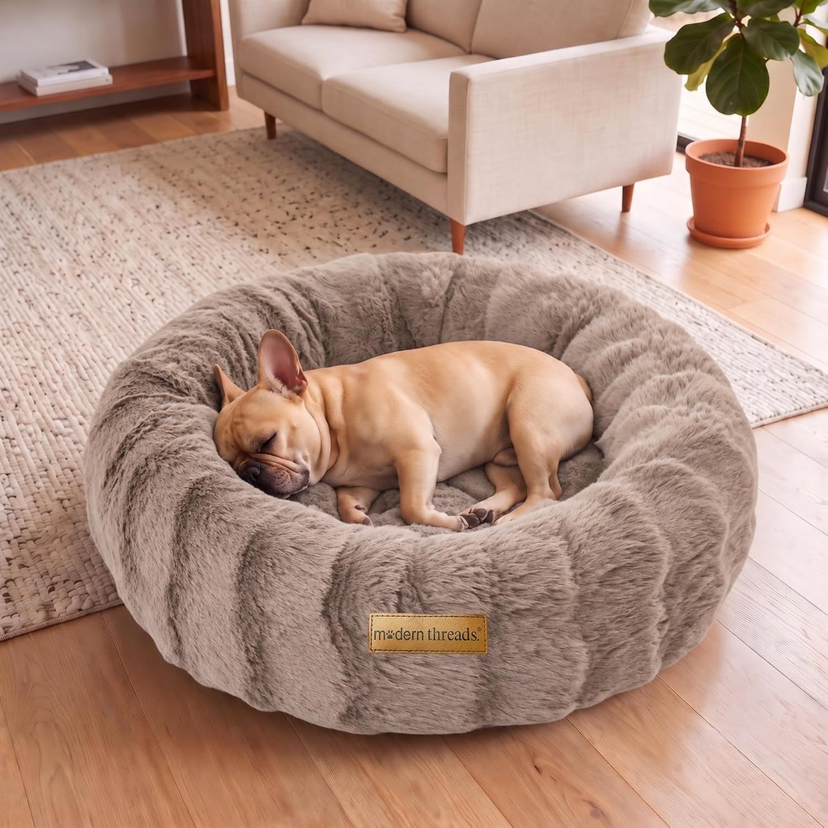 Modern Threads Calming Donut Dog Bed for Medium Dogs, Plush Round Faux Fur Pet Bed with Raised Bolster, Soft Washable Dog Bed, 30x30x9, Taupe