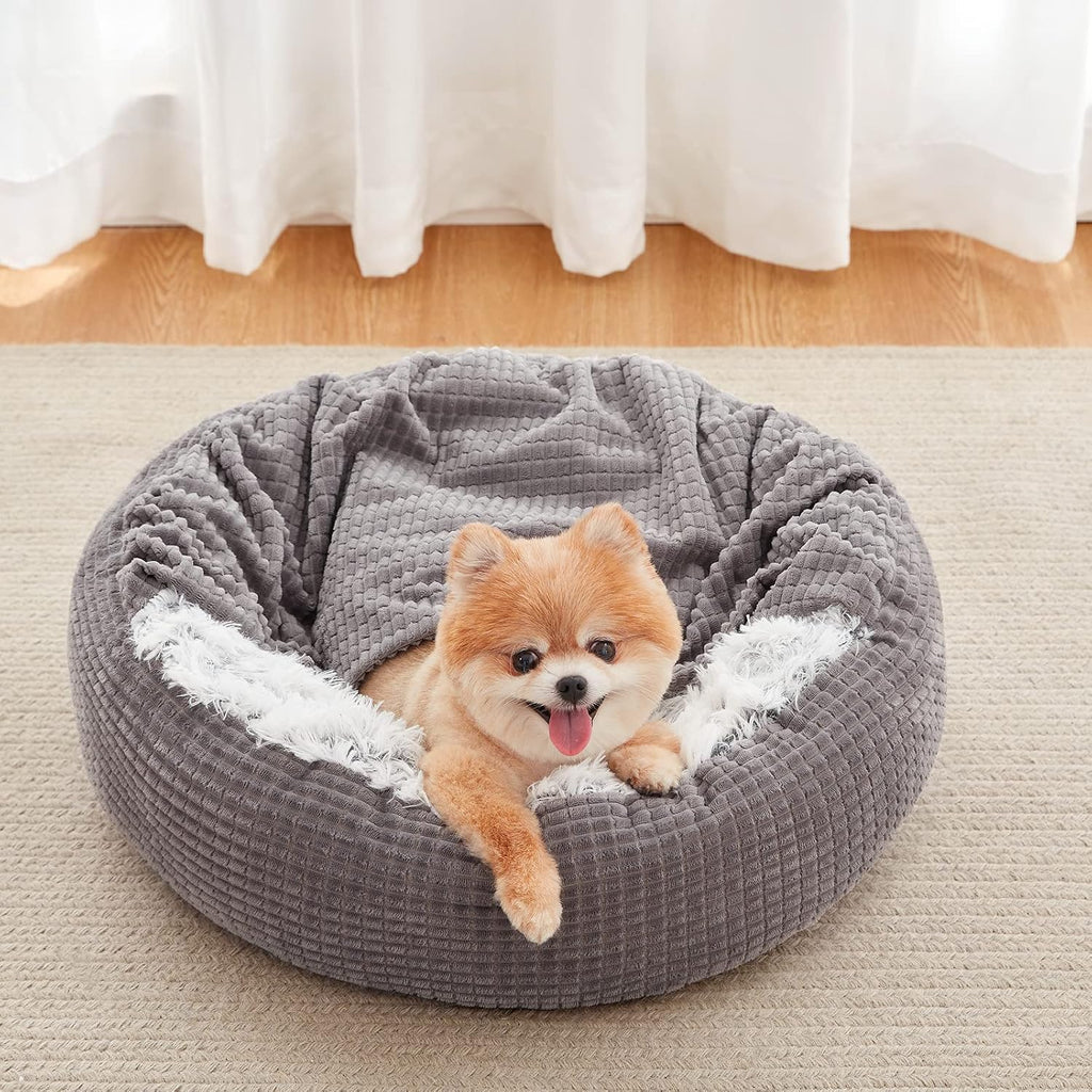 MIXJOY Small Dog Bed Cat Bed with Blanket Attached Donut Washable, 23in