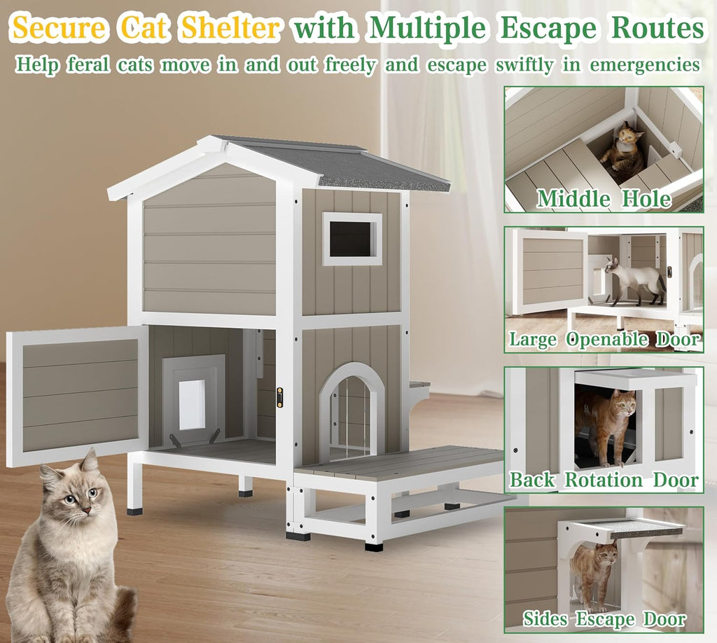 GoWoodHut Outdoor Cat House Weatherproof Cats Shelter for Feral Kitten Pet Houses for 1-2 Small Animlas 2 Story Wooden Houses for Indoor Outdoor Cats with Escape Doors (29.7" D x 22.8" W x 35.4" H)