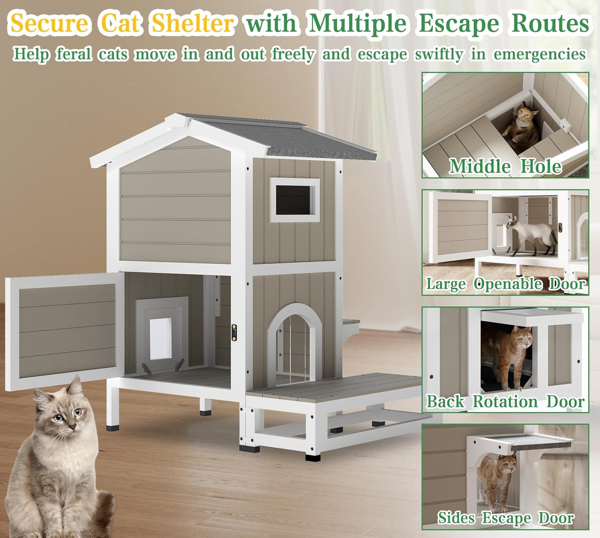 GoWoodHut Outdoor Cat House Weatherproof Cats Shelter for Feral Kitten Pet Houses for 1-2 Small Animlas 2 Story Wooden Houses for Indoor Outdoor Cats with Escape Doors (29.7" D x 22.8" W x 35.4" H)