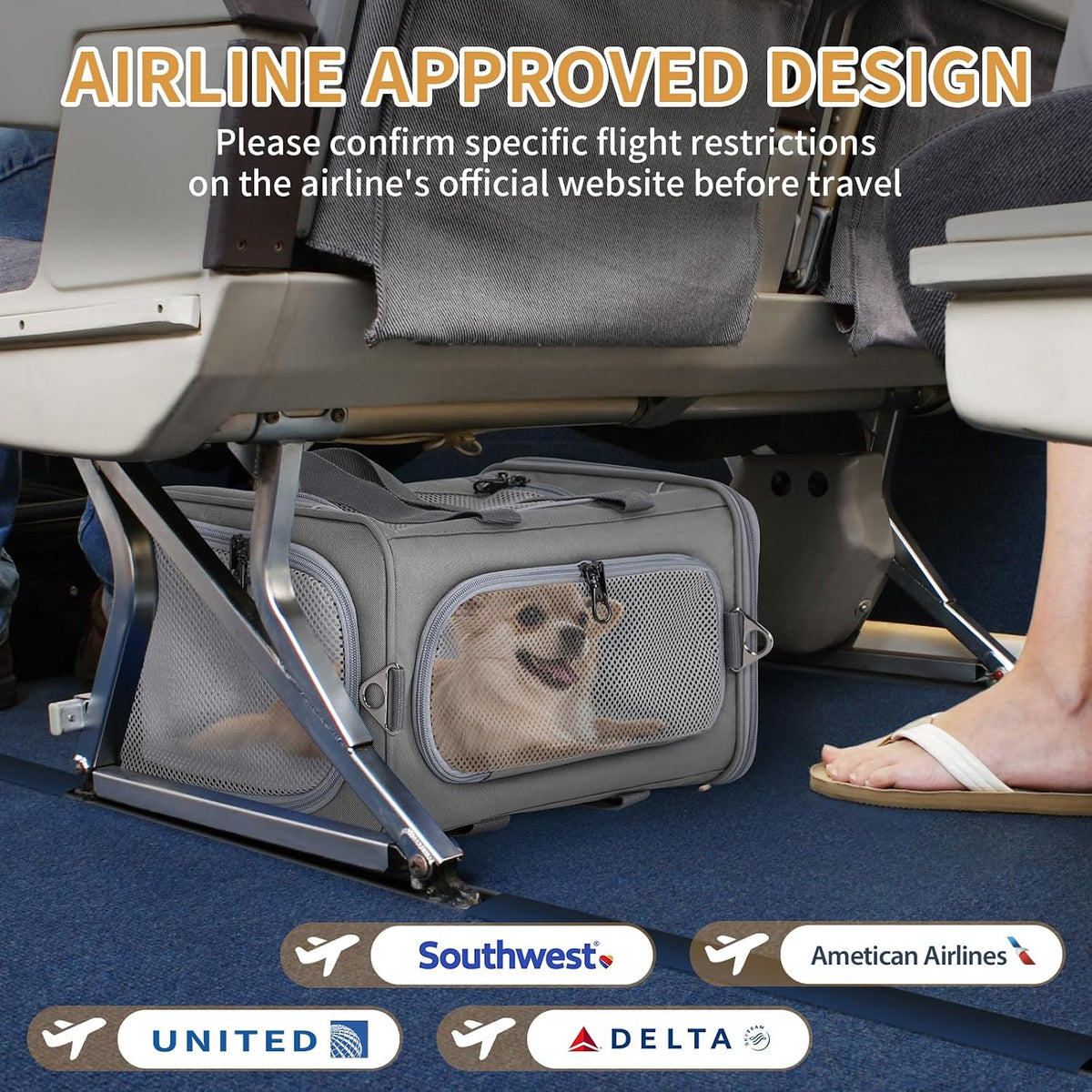 ‌Petsfit Airline Approved Pet Carrier for Small Dogs & Cats, 19x9x12 TSA Approved Carrier, with Removable Dual-Sided Padding (2-Way Placement) - Fits Under Most Airplane Seats, Escape Proof (Grey)