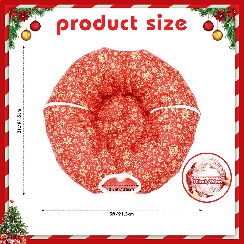 Snowflake Cat Tunnel Bed Under Christmas Tree 36'' Kitten Circle Donut Tunnel Skirt with Ball Mat Decorative Xmas Folding Home Kitty Guard Tube Holiday Party Indoor Pet(Red Gold)