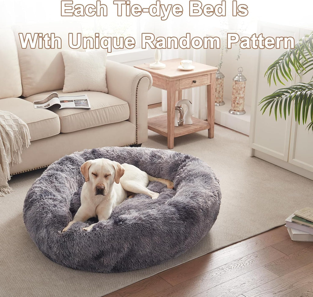 45 in Faux Fur Donut Dog Bed for Extra Large Dogs,Tie-dye Grey