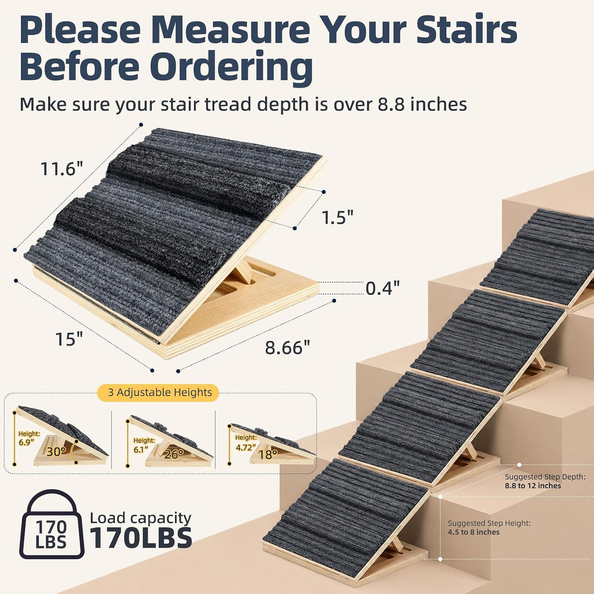 Upgraded Dog Ramps for Stairs, Adjustable Stair Ramp for Dogs (4.7"–7")