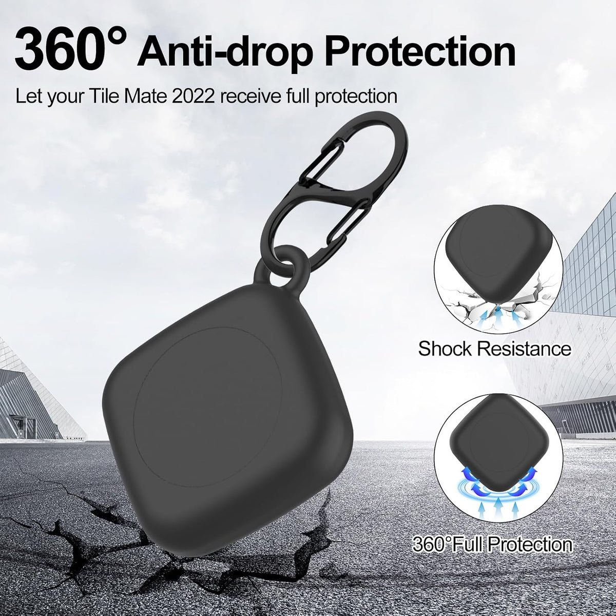 Silicone Case for Life360 Tile Tracker 2 Pack, for Tile Mate 2022 Full Body IPX8 Waterproof and Anti-Scratch Protective with Carabiner for Kids, Keys, Luggage, Cat/Dog Collar Tag (Black+Black)