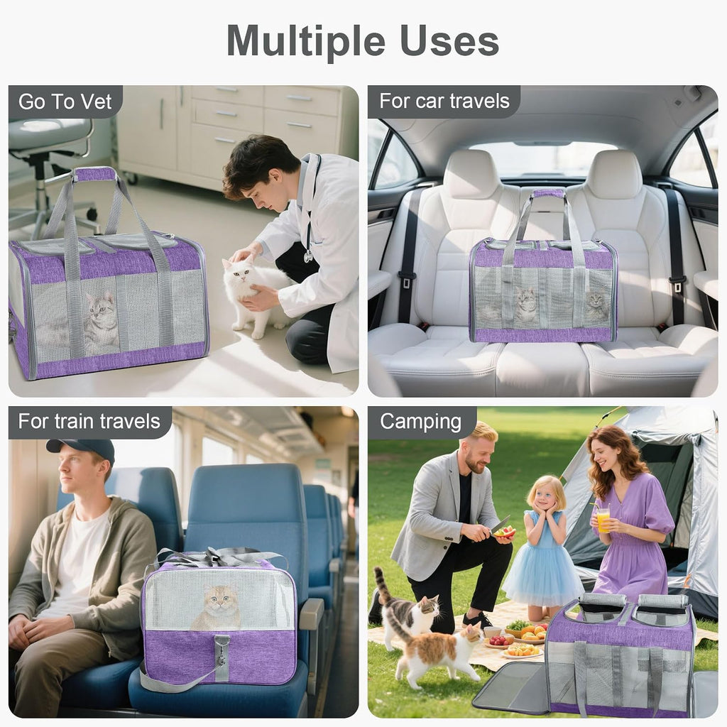 Soft-Sided Cat Carrier for 2 Cats, Gray, Breathable Mesh Design, Airline Approved Travel Bag for Small to Large Cats, Expandable with Shoulder Strap (Purple)