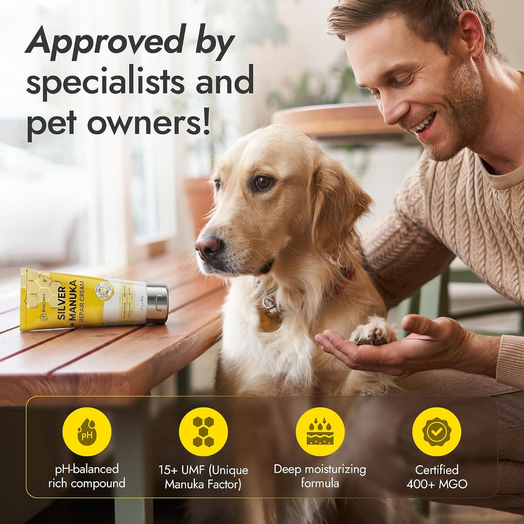 Silver + Manuka Repair Cream for Cat & Dog Wound Care – Helps with Skin Irritation, Scratches, Bites – Hot Spot Treatment for Dogs with Manuka Honey 400+ MGO & Colloidal Silver 25 PPM – 2-Pack