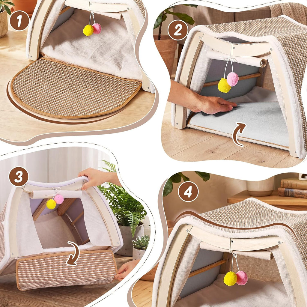 Cat House Indoor, 3-in-1 Wicker Cat Condo Scratcher Cave