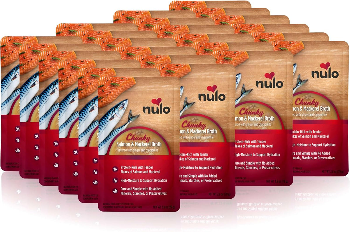 Nulo FreeStyle Cat Broth Pouches, Chunky Salmon & Mackerel, High-Protein Wet Cat Food Topper Treat for Indoor & Outdoor Kittens and Adults, 24 x 2.8oz