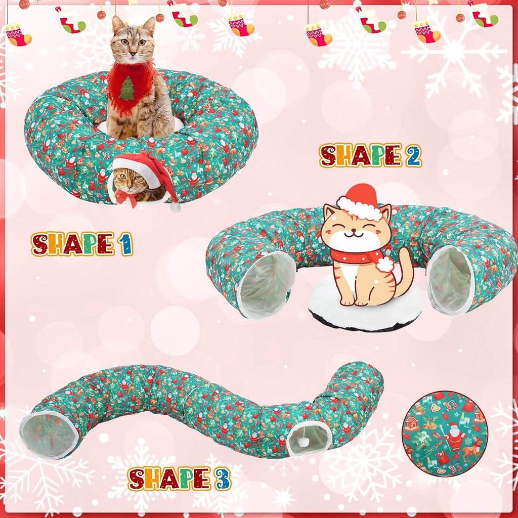 Christmas Cat Tunnel Bed Under Tree Plush Cave Toy, Santa