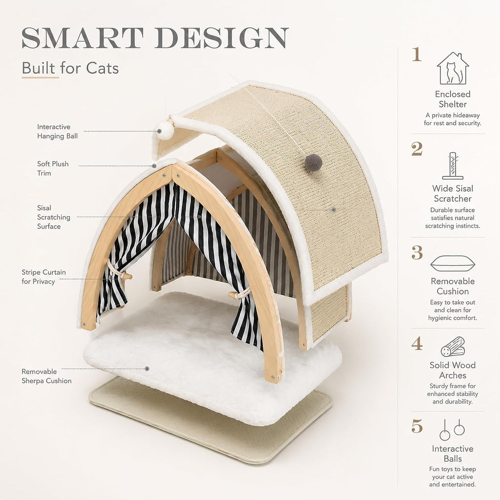 Cat House, Cat Beds for Indoor Cats, Cat Scratchers with Sisal Scratching Board, Cat Scratcher Bed with Fluffy Ball Hanging, Cat Condo 20x16x16 inches