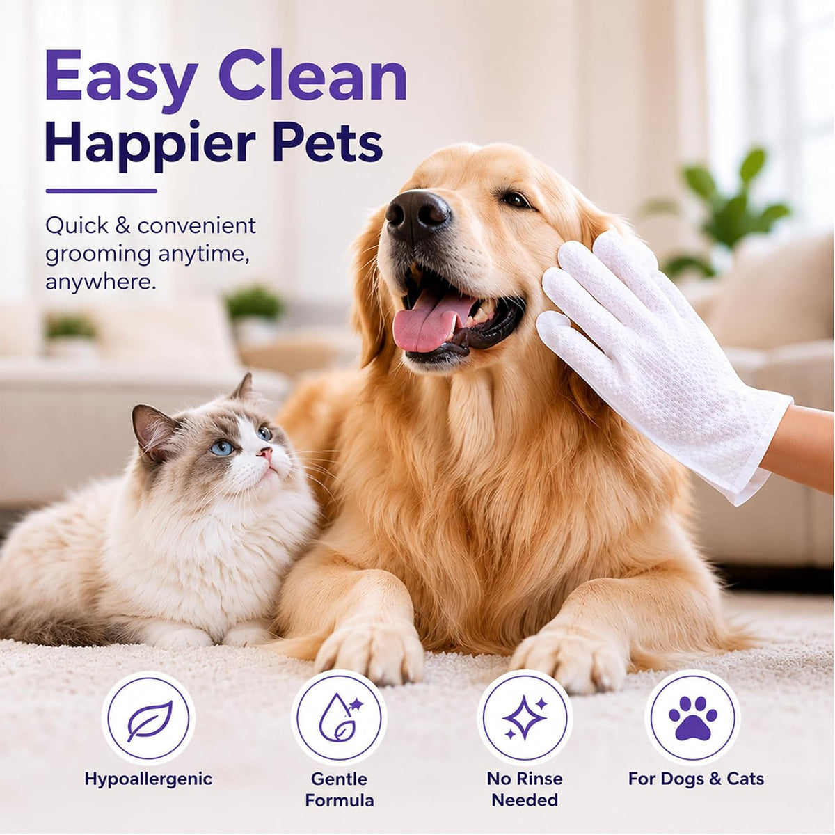 LEVOS 6PCS Pet Glove Dog Cats Wipes Paws and Butt Bath Waterless Cleaning