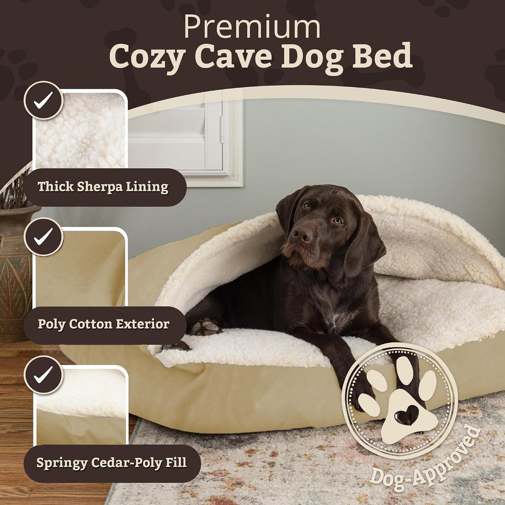 Snoozer Rectangle Cozy Cave Dog Bed, Hooded Dog Bed, Khaki (S)