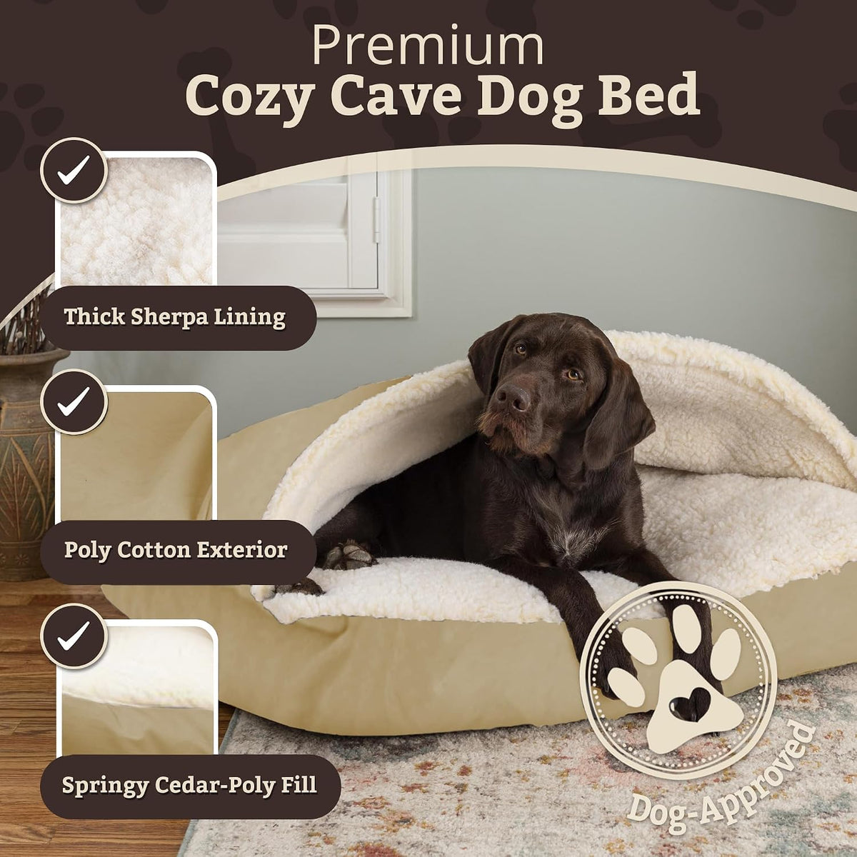 Snoozer Rectangle Cozy Cave Dog Bed, Hooded Dog Bed, Khaki (S)