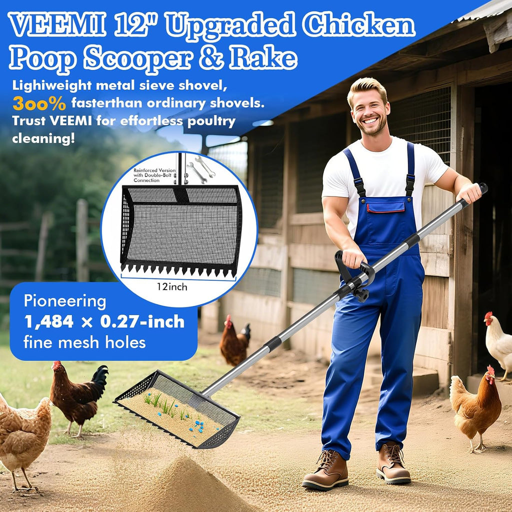 VEEMI Metal Chicken Poop Scooper, 12" Upgraded 2-in-1 Pooper Scooper & Rake, 304 Steel Shovel with Reinforced Screws & Wrench, 35-65" Adjustable Handle for Coop, Sand, Pet Waste (Black)