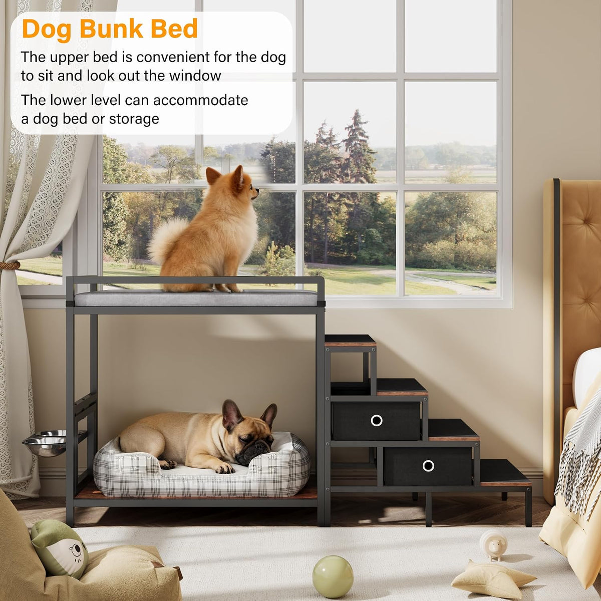 kepptory Dog Window Perch with 360° & Adjustable Raised Feeder, Pet Stairs Ramp with Stairs and Storage, Pet Bunk Bed with Small Pet Step