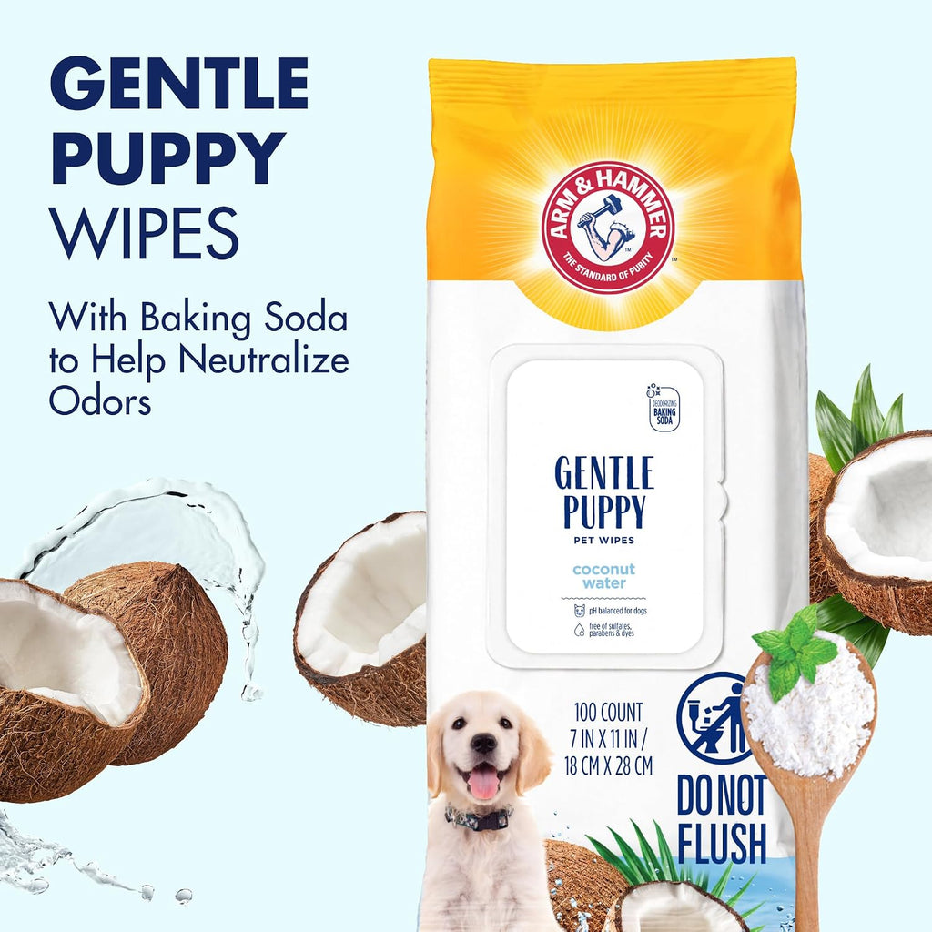 Arm & Hammer Puppy Grooming Wipes, Coconut Water, 100 Count, 3-Pack