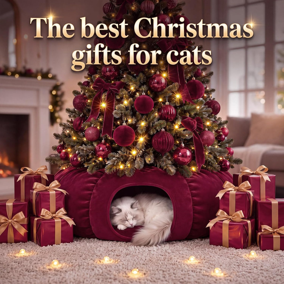 Christmas Tree Cat Tunnel 36 in Donut Bed, Burgundy, Velvet, Fluffy