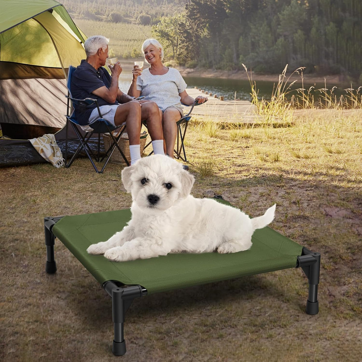 Love&go Elevated Dog Bed with Metal Frame, Cooling Raised Pet Cot for Dog and Cat (S - Olive Green, Small-18.5x18.5x5.5 inch)