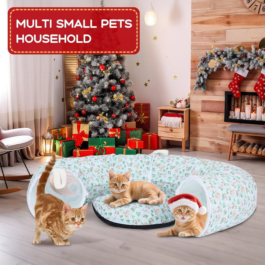Hollowfly Woodland Christmas Cat Bed Tunnel 3ft x 3ft x 9.8in Winter Forest Under Tree Cat Donut Tunnels Snowman Reindeer Plush Peekaboo Cave Toy Collapsible 3 Way Xmas Gifts for Small Kitty
