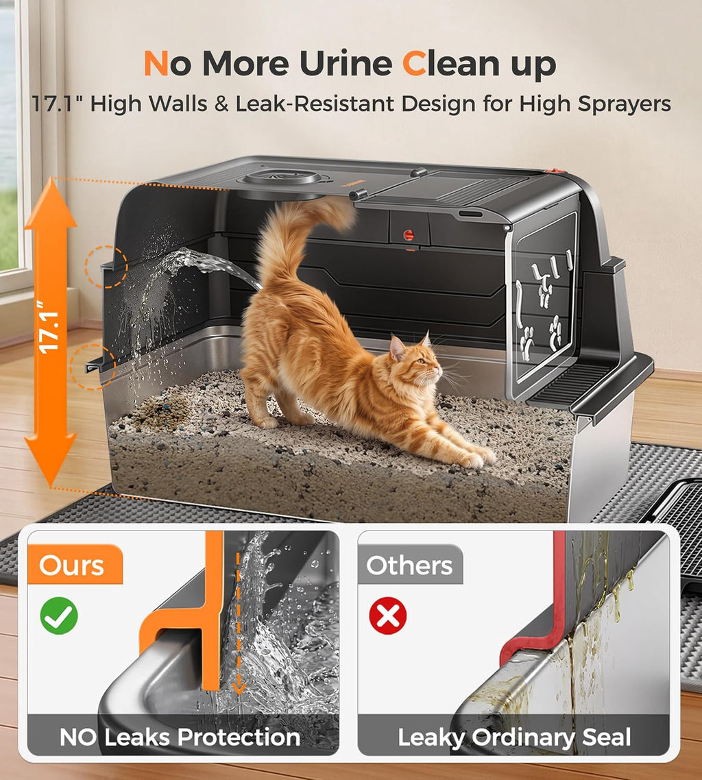 Catlike Upgrade XXXL Stainless Steel Cat Litter Box 3-Layer Leak-Proof | Oversized Real 152L Capacity Enclosed Design w/ Charcoal Filter for Maine Coon & Multi-Cat Homes, with Metal Scoop & XL Mat