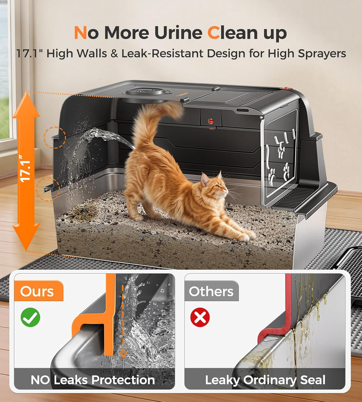 Catlike Upgrade XXXL Stainless Steel Cat Litter Box 3-Layer Leak-Proof | Oversized Real 152L Capacity Enclosed Design w/ Charcoal Filter for Maine Coon & Multi-Cat Homes, with Metal Scoop & XL Mat