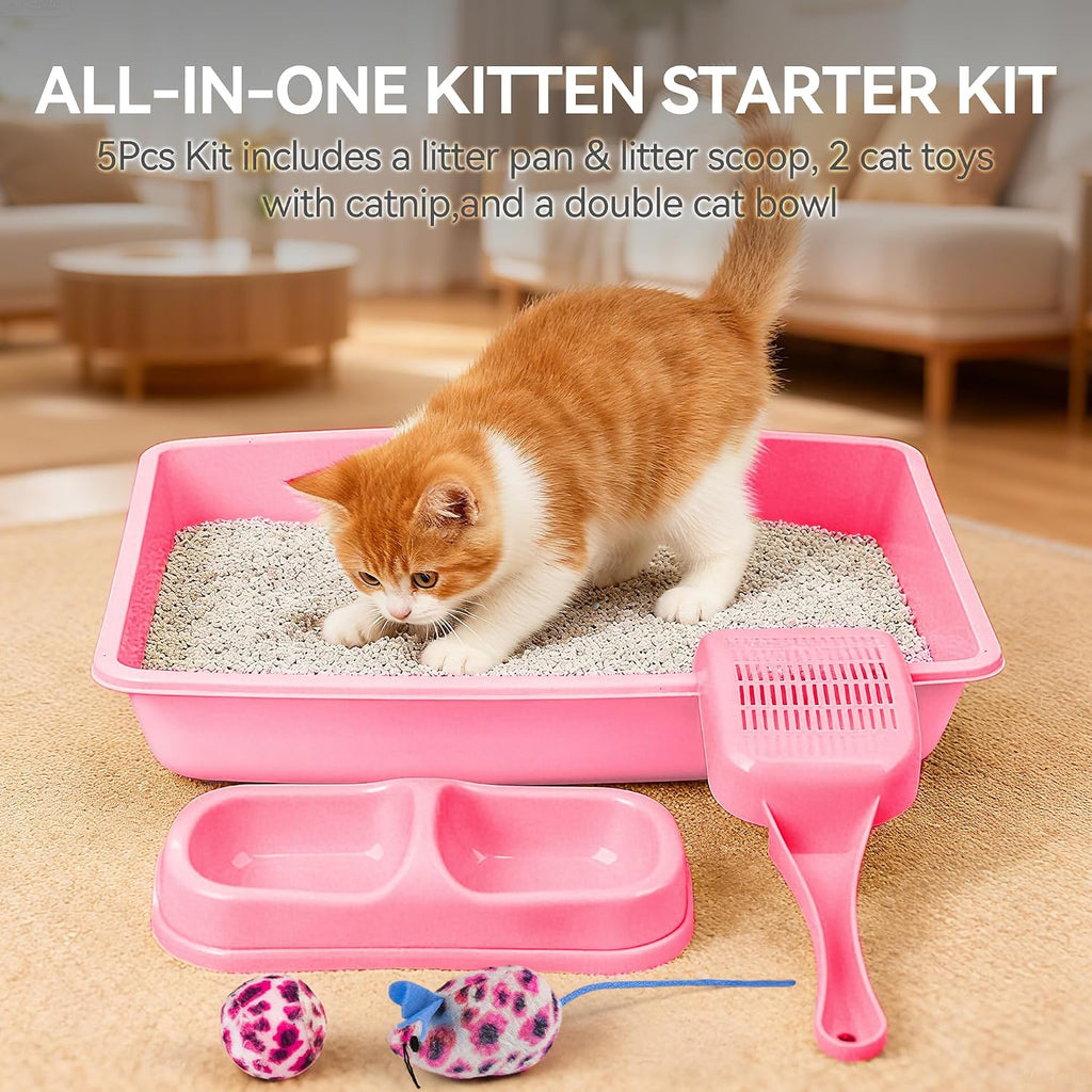 PAWISE Cat Litter Box Set, Small Kitten Starter Kit, Includes Litter Box, Litter Scoop, Double Dish Feeding Bowl, Cat Mouse Toy, Kitty Ball Toy, Pink