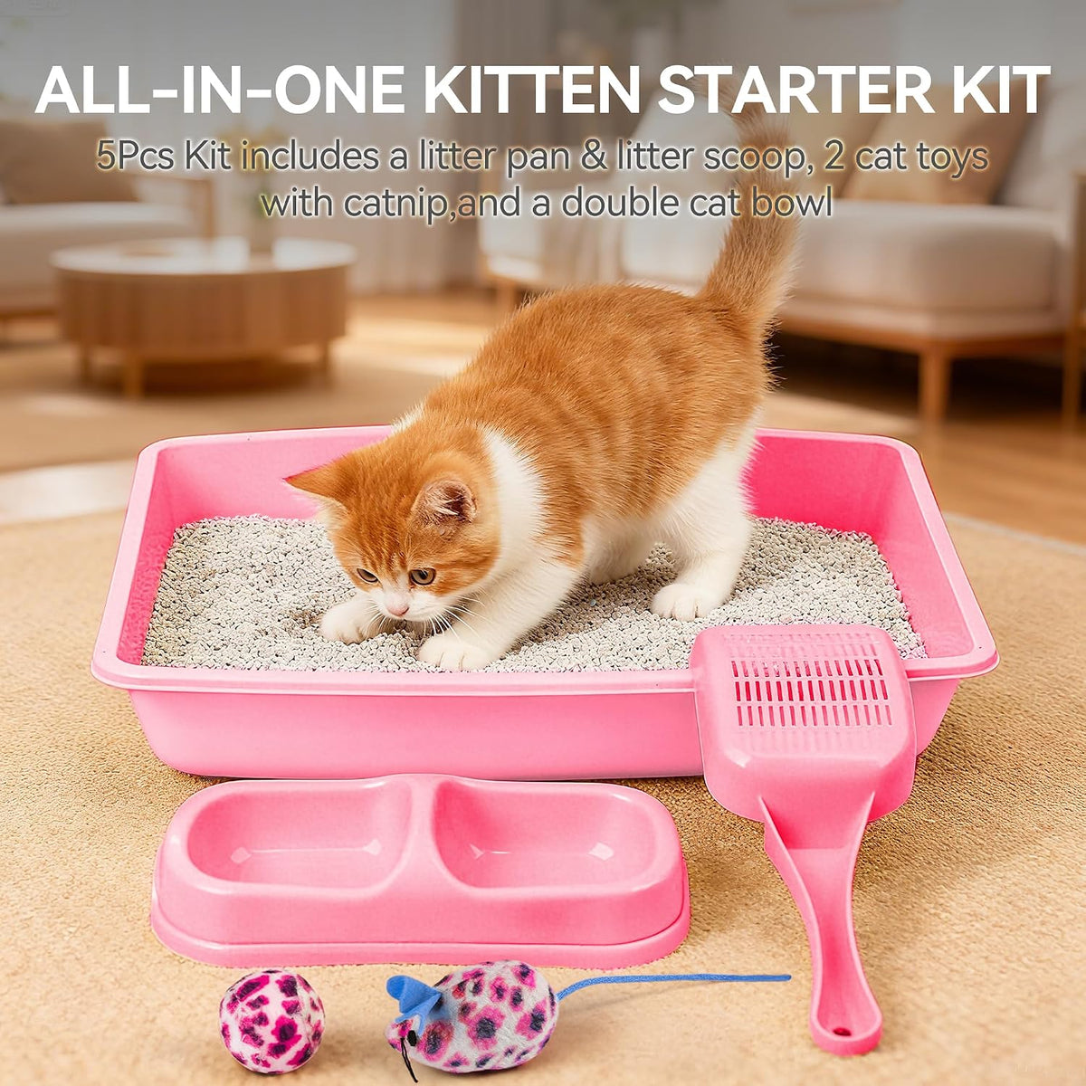 PAWISE Newborn Small Cat Litter Box Kit for Kittens – 5‑Piece Kit with Low Entry Litter Pan, Scooper, Feeding Bowls & Mouse Toy – Cat Starter Set for New Kitty Home, Pink