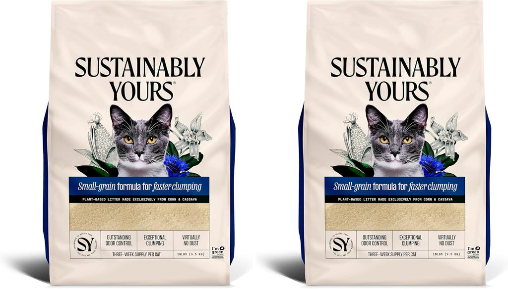 Sustainably Yours Natural Cat Litter, Small-Grain Formula, Exceptional Clumping & Odor Control, Virtually No Dust, Soft on Paws, Corn & Cassava Plant-Based, Unscented, 10 lbs (Pack of 2)