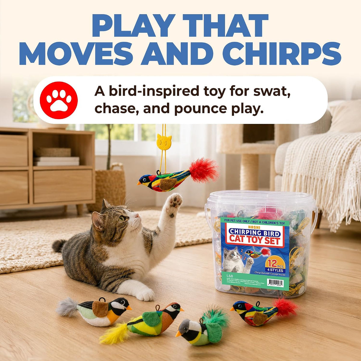 HA SHI 12 Pcs Chirping Bird Cat Toy, Hanging Cat Toy with Catnip