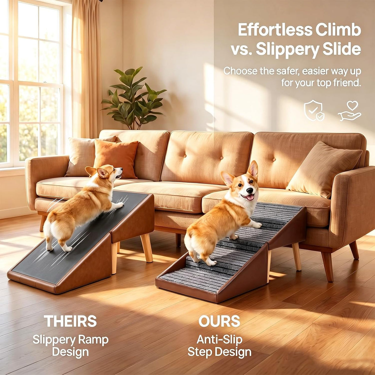 Luxury Dog Stairs for Small Dogs, Non-Slip Dog Ramp for Bed & Couch, Foldable 2-in-1 Pet Ramp & Ottoman with Solid Wood Frame, Pet Stairs & Steps for Puppy (Brown)