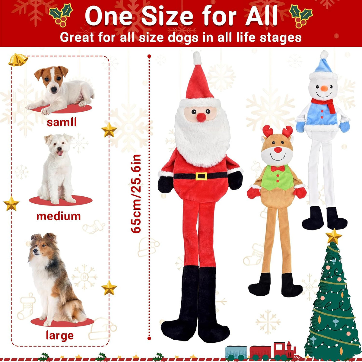 LECHONG 3-Pack Christmas Dog Toys, Tough Dog Squeaky Toys Plush Dog Chew Toys Bundle, Interactive Xmas Dog Toys for Puppy Small Medium Large Dogs