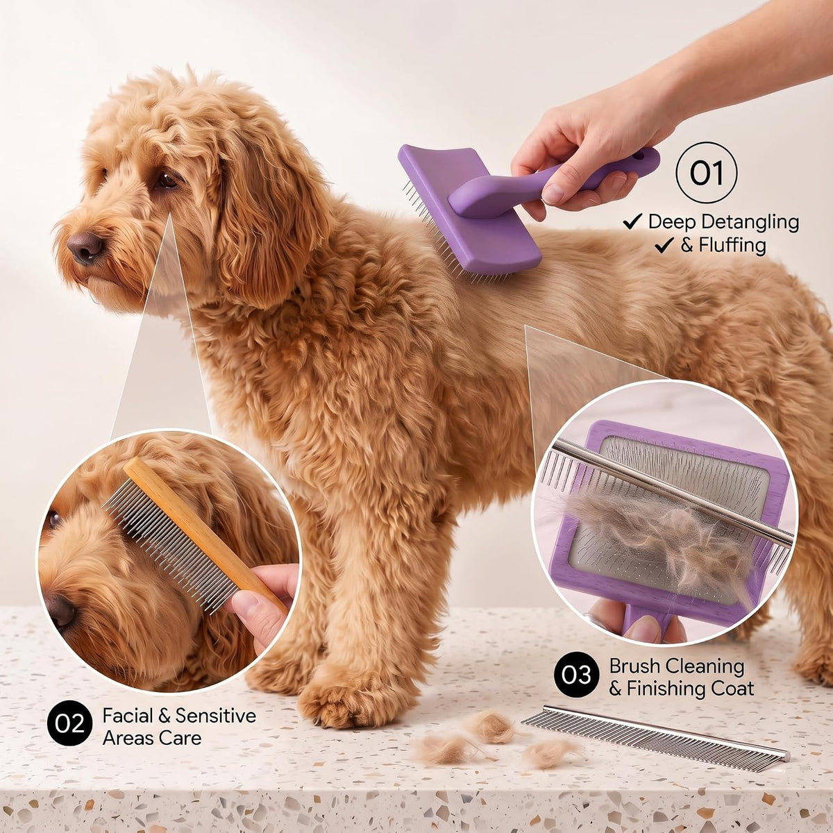 OZYGIFT 3-in-1 Long Pin Slicker Brush Set, Pet Grooming Kit, Purple