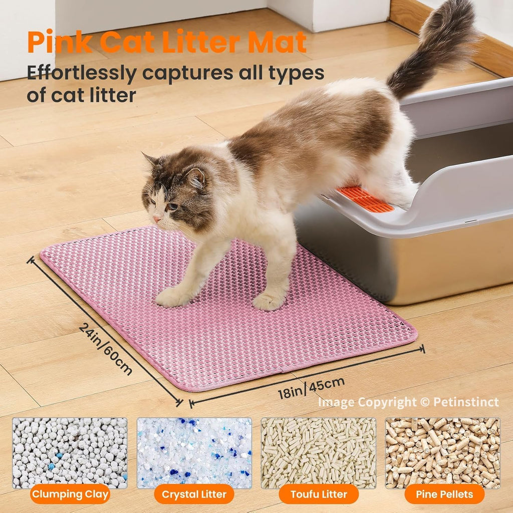 Cat Litter Mat, Double Layer Honeycomb Litter Box Mat | 24x18”, Efficient Litter Trapping, Easy to Clean, Waterproof, Non-Slip, Soft on Paws, Scratch Resistant, Pink, Large