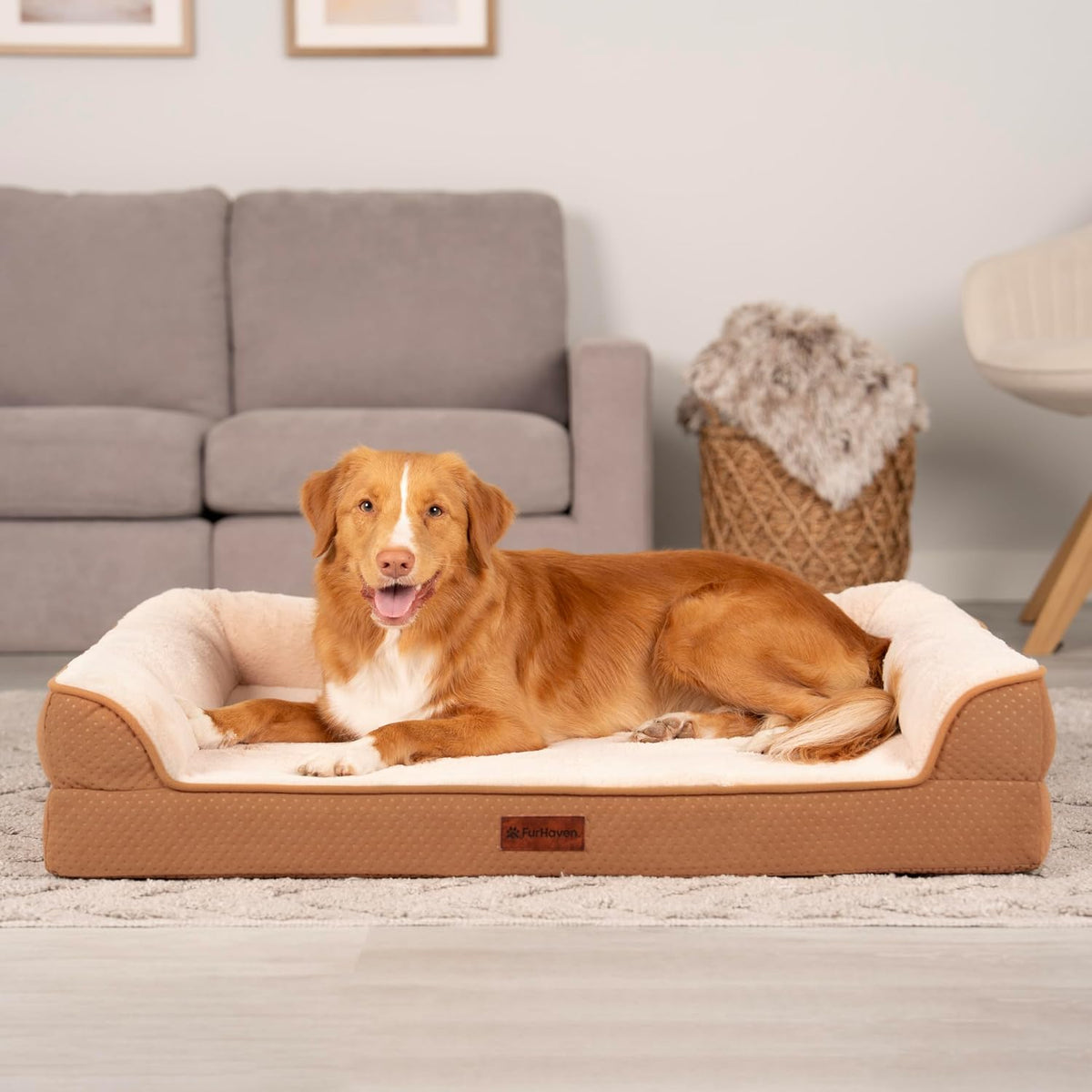 Furhaven Plush & Embossed Velvet Cooling Gel-Top Dreamer Sofa Pet Bed, Cognac, Large