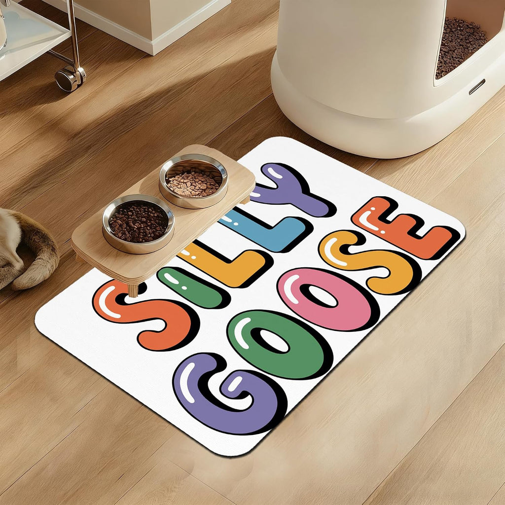 Silly Goose Pet Food Mat for Cats and Dogs–Absorbent Quick Dry Feeding Placemat, Non Slip Rubber Base, Waterproof Bowl Mat for Indoor Use, Pet Supplies 12"x20"