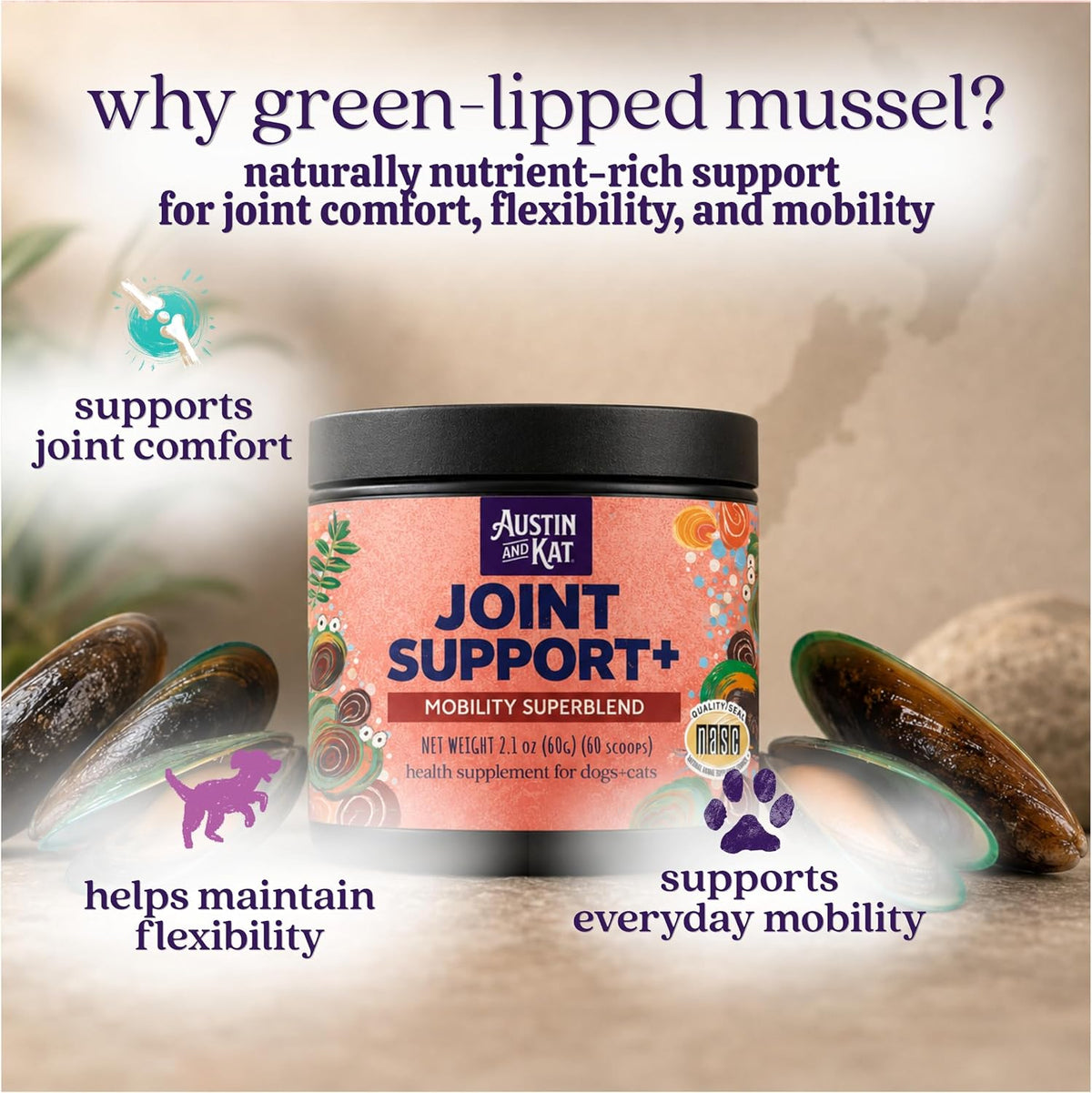 Austin And Kat Joint Support+ Powder for Dogs & Cats, 2.1 oz, 60 Scoops