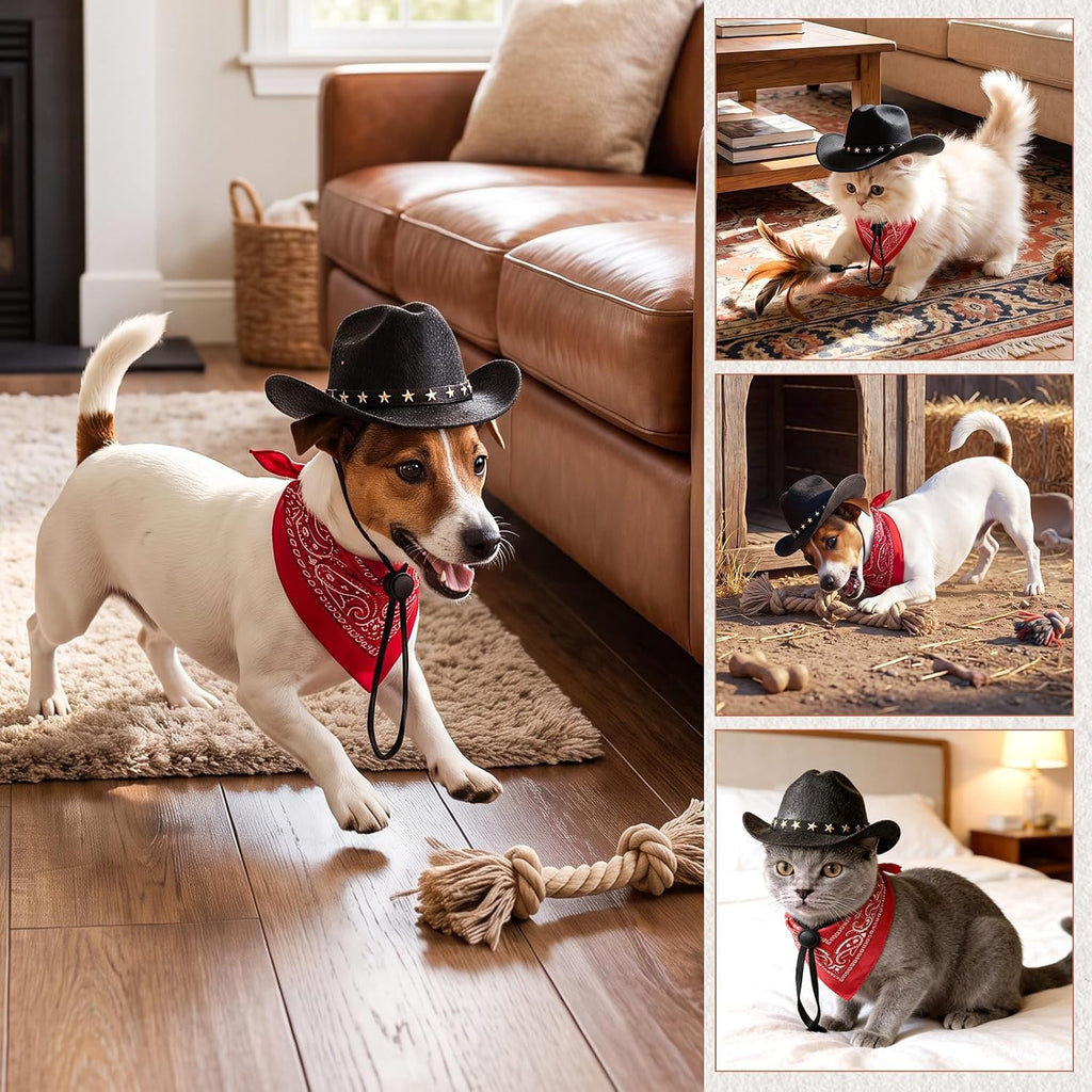 Pet Cowboy Costume, Dog Cowboy Hat with Bandana Scarf, Adjustable Cat Cowboy Hat for Party Cosplay Christmas, Halloween Cowboy Costumes for Small Pet Dogs Cats (Black, Medium)