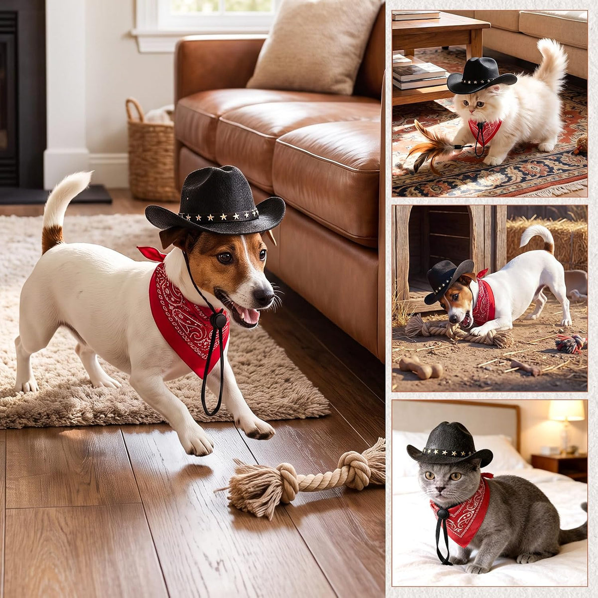 Pet Cowboy Costume, Dog Cowboy Hat with Bandana Scarf, Adjustable Cat Cowboy Hat for Party Cosplay Christmas, Halloween Cowboy Costumes for Small Pet Dogs Cats (Black, Medium)