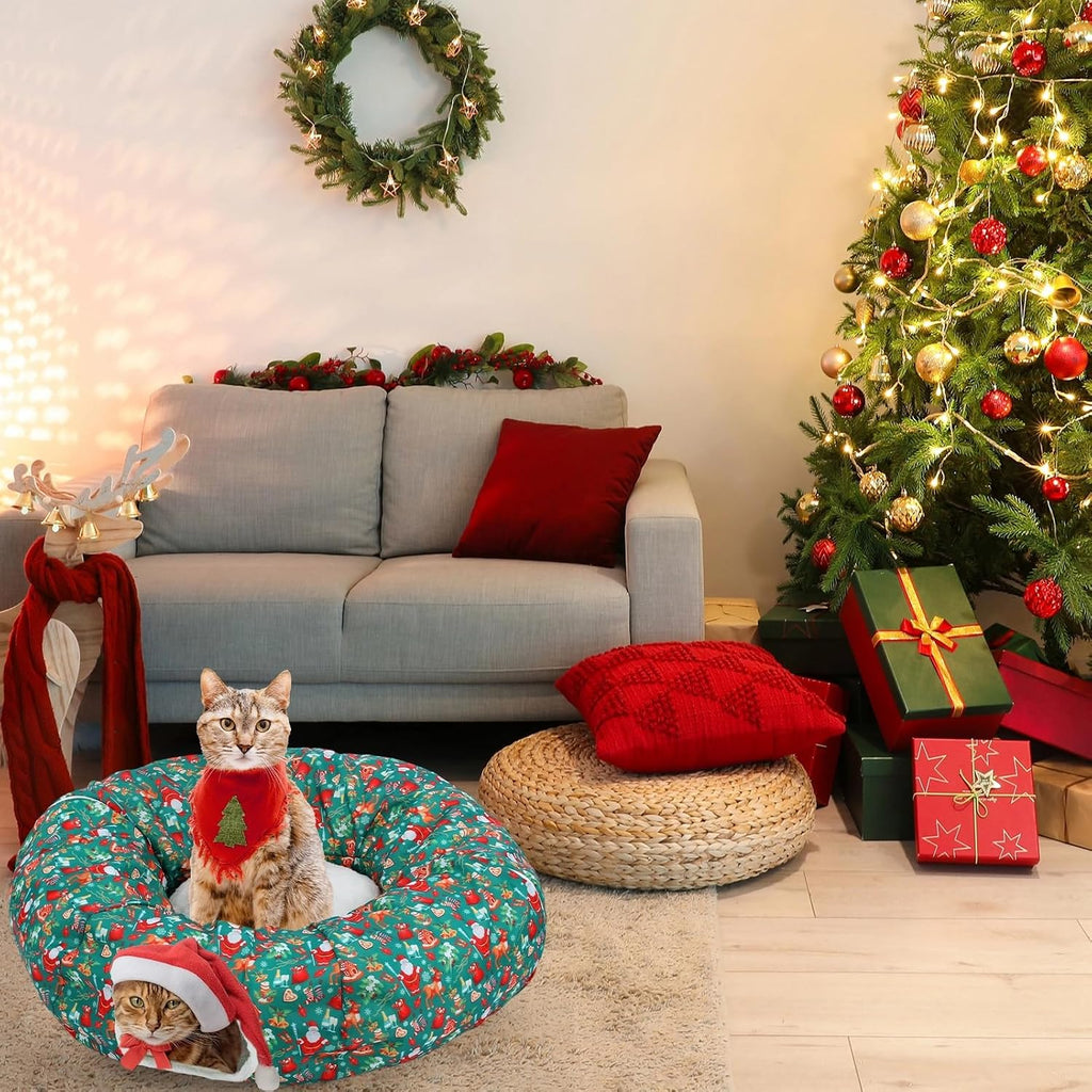 Christmas Cat Tunnel Bed Under Tree Plush Cave Toy, Santa