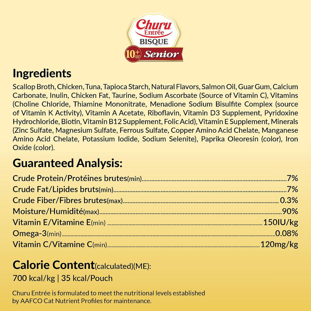 INABA Churu Entree Bisque Senior Wet Cat Food, Chicken Tuna, 6ct