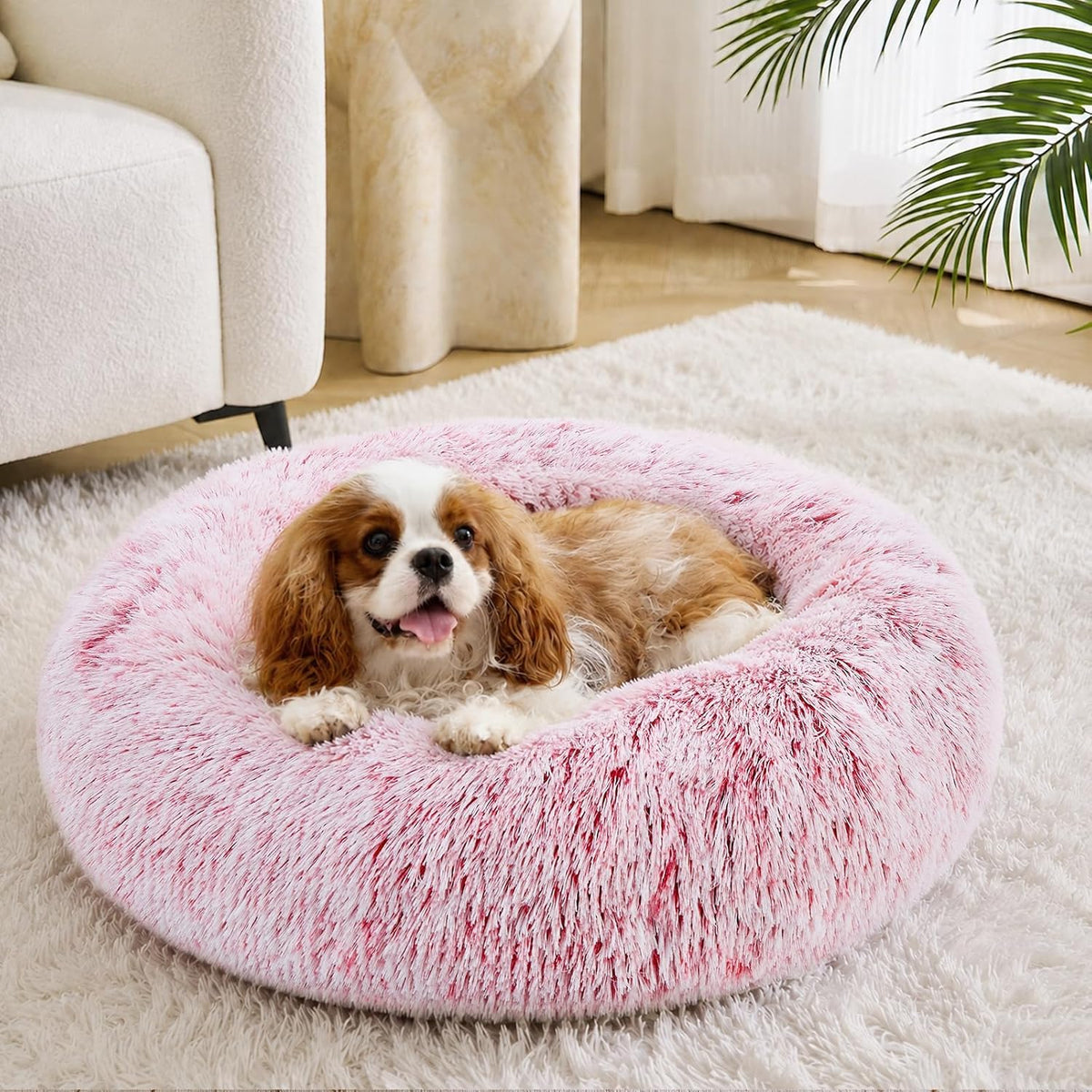 JOLLYVOGUE Calming Dog Bed Medium Size Dog, 31in Donut Washable Medium Pet Bed, Anti-Slip & Anti-Anxiety Fluffy Faux Fur Round Dogs Bed, Fits up to 45 lbs Pets (Smoke Pink)