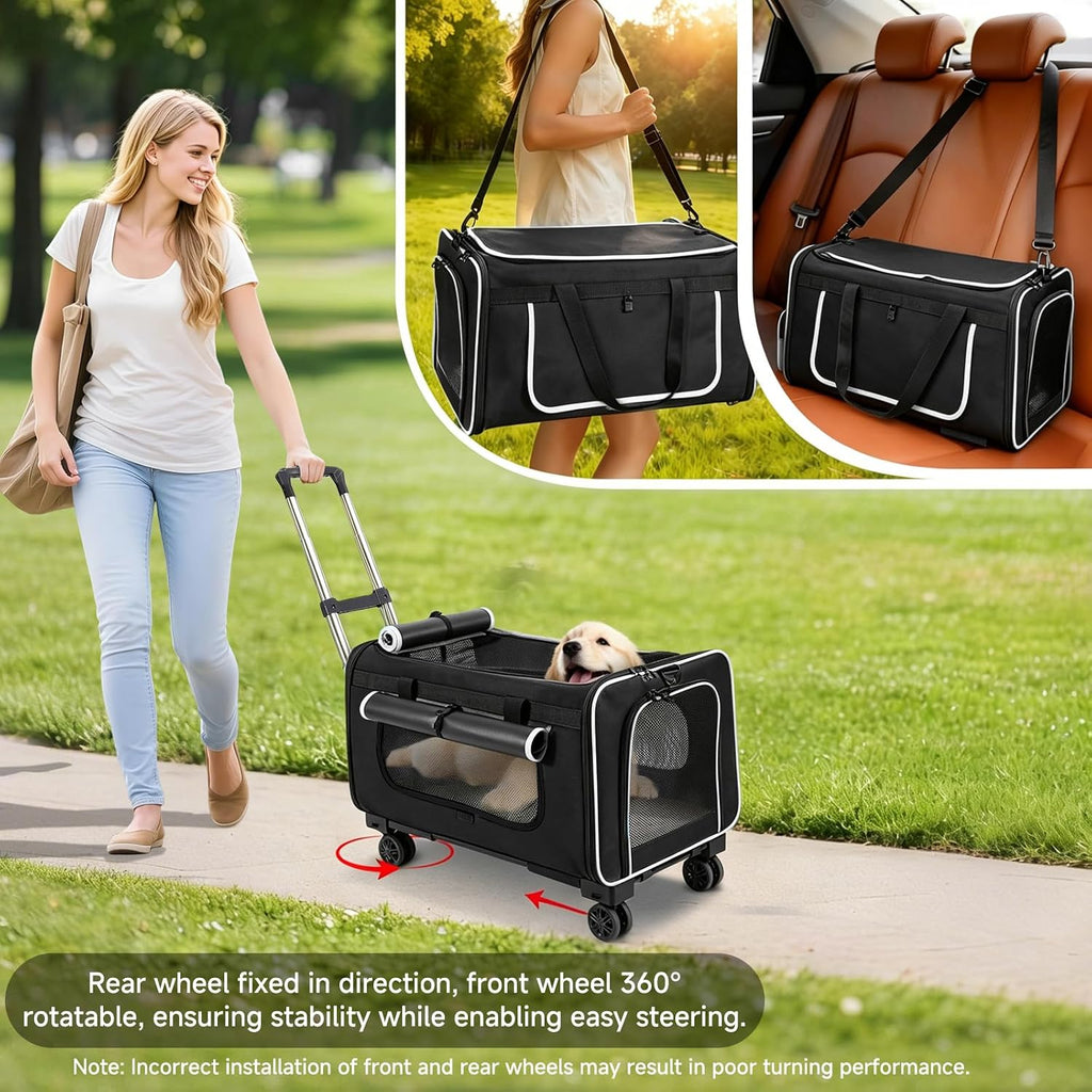 Large Pet Carrier with Detachable Wheels, 2 IN1 Foldable Soft-Sided Carriers- Designed for Dogs & Cats, Telescopic Handle, for Outdoor Car Indoor, Max. 44 LBS(Not for Airline)