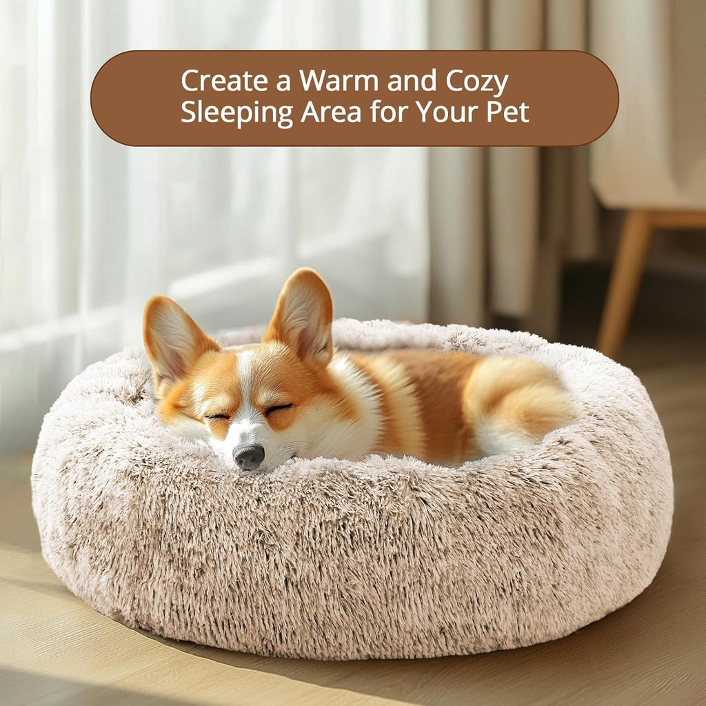 JOLLYVOGUE Calming Dog Beds Large Sized Dog, 36in Donut Washable Large Pet Bed, Anti-Slip & Anti-Anxiety Fluffy Faux Fur Round Dogs Bed, Fits up to 80 lbs Pets (Cream Brown)