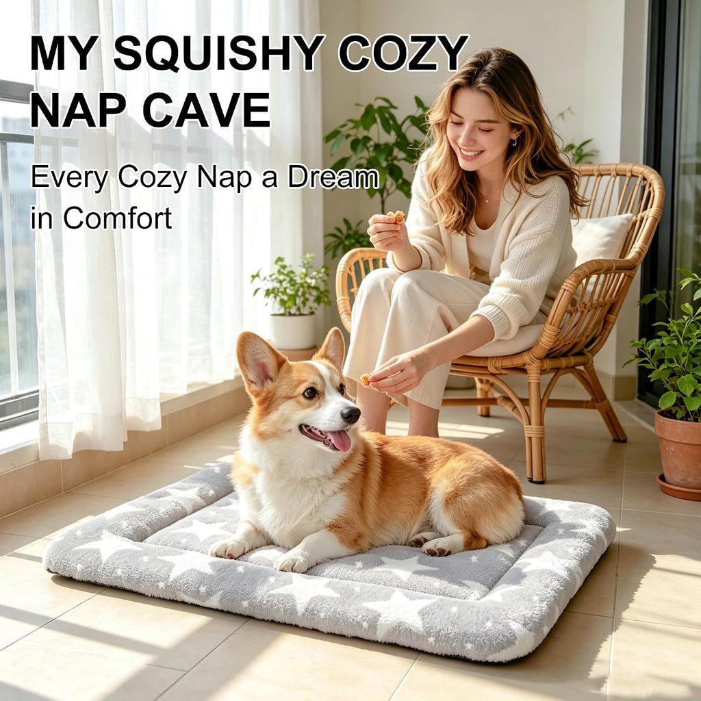 Dog Bed Mat, Reversible Crate Pad & Cute Dog Bed - Machine Washable Kennel Mat with Ultra Soft (Big&Small Stars Gray, 24" L*18" W*1.5" Th)