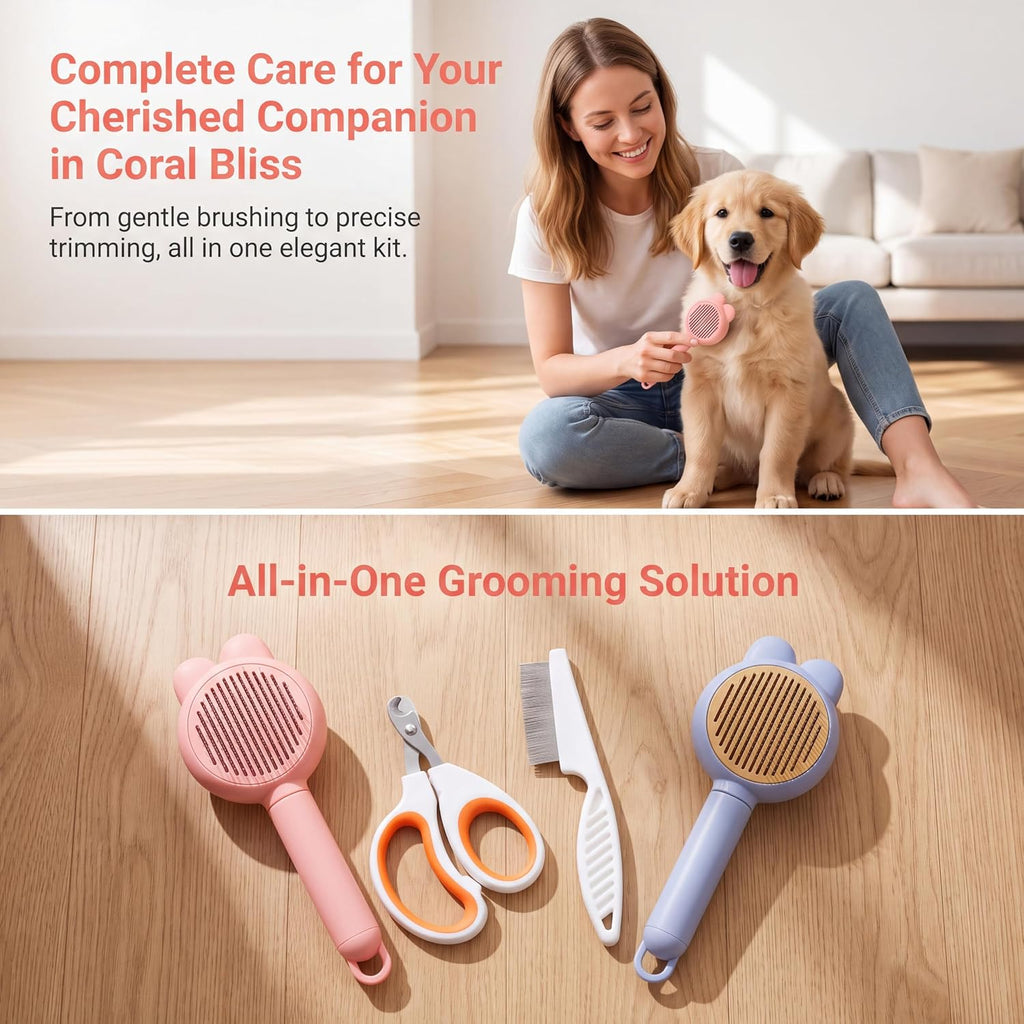 3PCS Cat & Dog Grooming Kit,Bath Brush,Nail Clipper,Flea Comb(Blue)