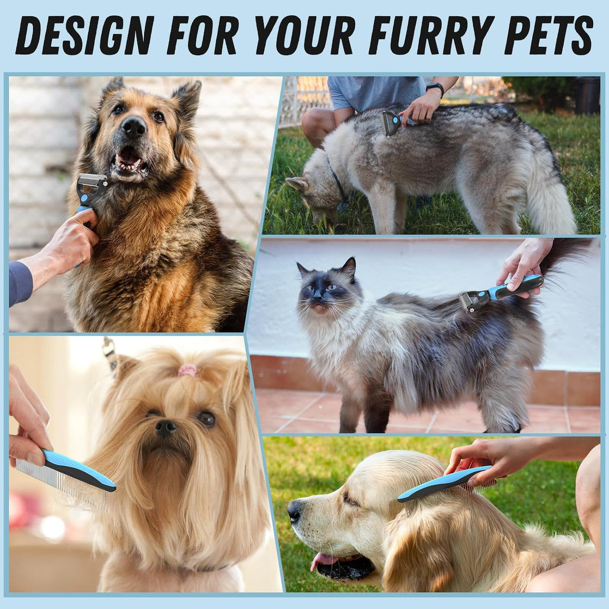 Docrok Pet Grooming Combo - Blue Deshedding Brush with Metal Comb for Detangling and Dematting Long, Matted Fur on Cats and Dogs | Dematting Deshedding Undercoat Rake, Cat Brush Dog Brush Shedding Tool for Long Matted Haired Pets