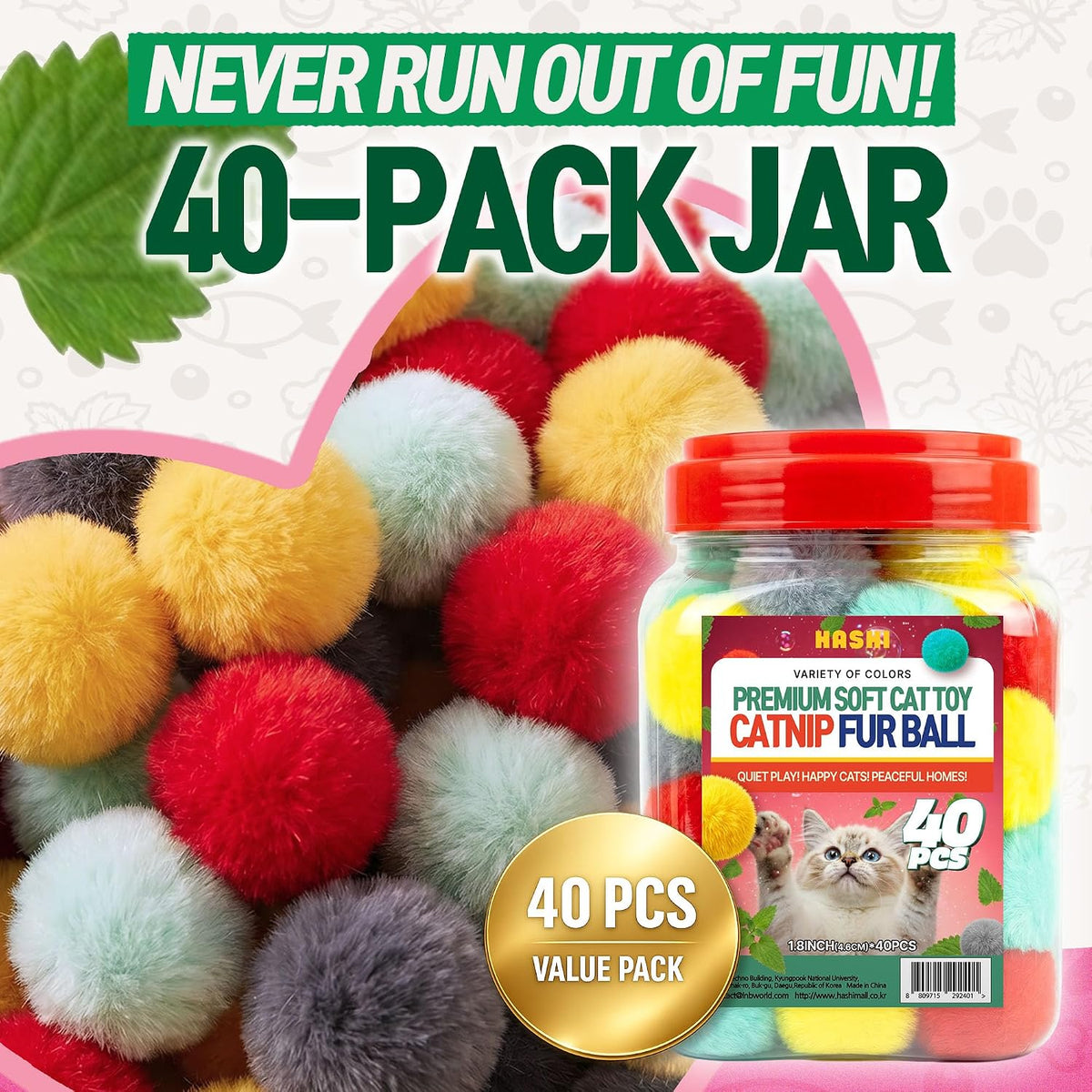HA SHI Catnip Fur Balls for Indoor Cats, 40 Count, 1.8 Inch