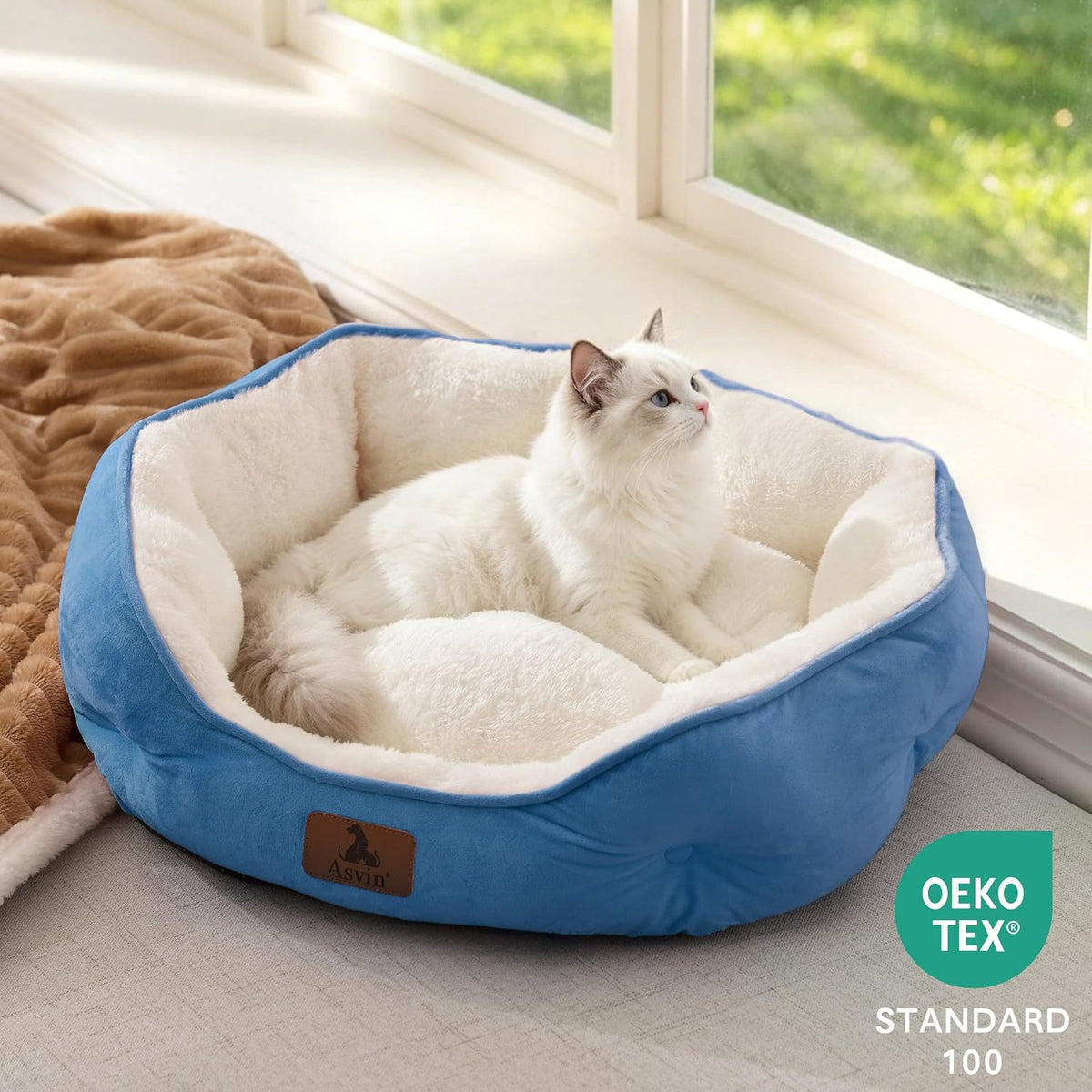 Asvin Small Dog Bed for Small Dogs, Cat Beds for Indoor Cats, Pet Bed for Puppy and Kitty, Extra Soft & Machine Washable with Anti-Slip & Water-Resistant Oxford Bottom, Light Blue, 20 inches