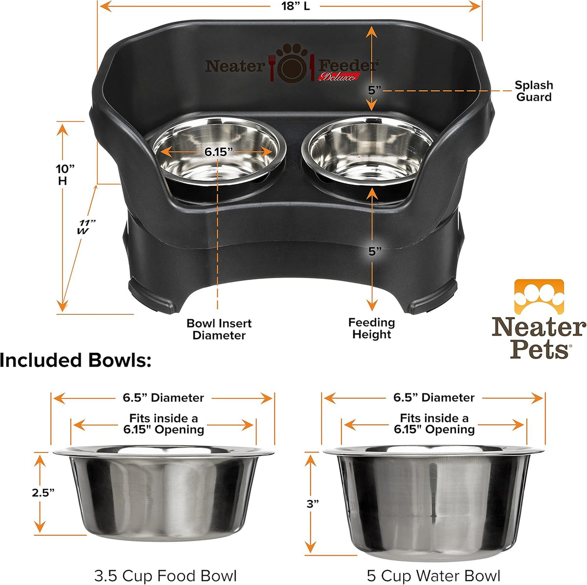 Neater Pet Brands Neater Feeder Deluxe Mess Proof Dog Bowls Elevated for Medium Dogs 19-40 lbs, Made in USA, No Spill Raised Dog Food Bowl Stand Feeding Station, Food and Water Bowl Set, Black 